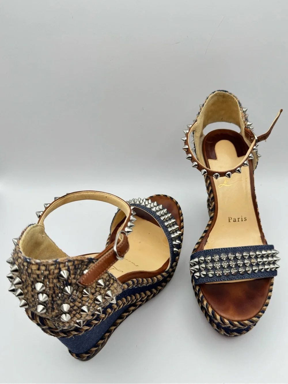 Christian Louboutin Madmonica 120 Denim Studded Wedge Sandals EU 36